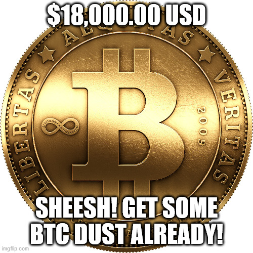 Bitcoin $18,000.00 USD | $18,000.00 USD; SHEESH! GET SOME BTC DUST ALREADY! | image tagged in bitcoin | made w/ Imgflip meme maker
