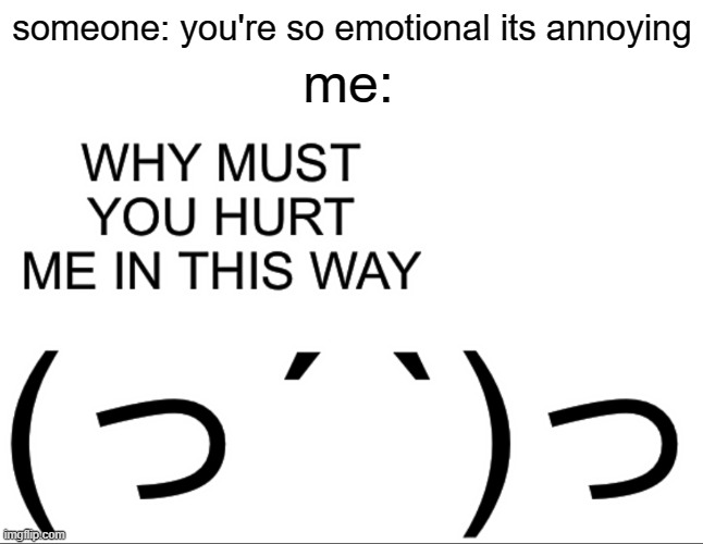 why | someone: you're so emotional its annoying; me: | image tagged in why must you hurt me in this way | made w/ Imgflip meme maker