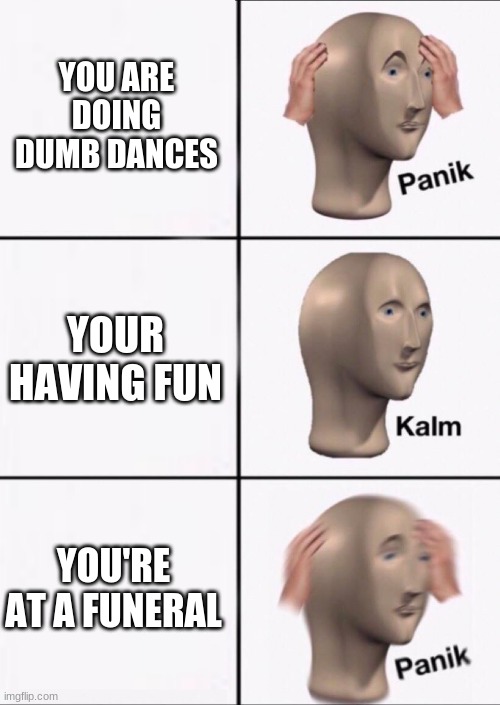 Stonks Panic Calm Panic | YOU ARE DOING DUMB DANCES; YOUR HAVING FUN; YOU'RE AT A FUNERAL | image tagged in stonks panic calm panic | made w/ Imgflip meme maker