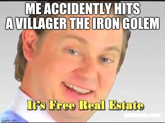 its free real estate | ME ACCIDENTLY HITS A VILLAGER THE IRON GOLEM | image tagged in its free real estate | made w/ Imgflip meme maker