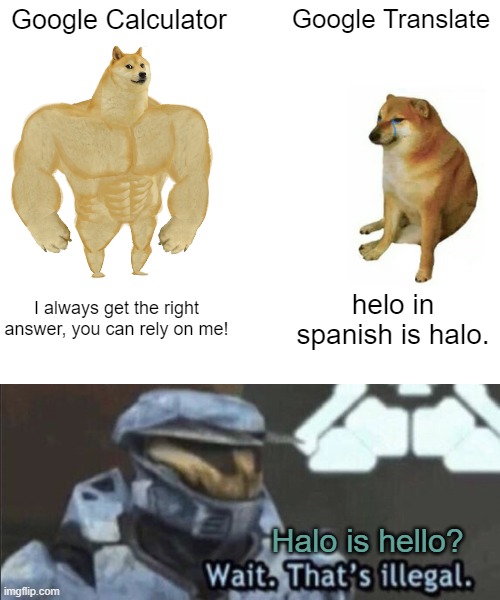 Crossover! | Google Calculator; Google Translate; I always get the right answer, you can rely on me! helo in spanish is halo. Halo is hello? | image tagged in memes,buff doge vs cheems,wait that s illegal | made w/ Imgflip meme maker