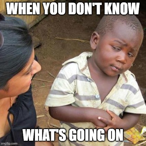 Third World Skeptical Kid | WHEN YOU DON'T KNOW; WHAT'S GOING ON | image tagged in memes,third world skeptical kid | made w/ Imgflip meme maker