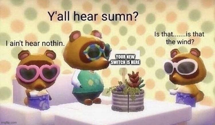 they wont get the switch | YOUR NEW SWITCH IS HERE | image tagged in animal crossing y'all hear sumn | made w/ Imgflip meme maker