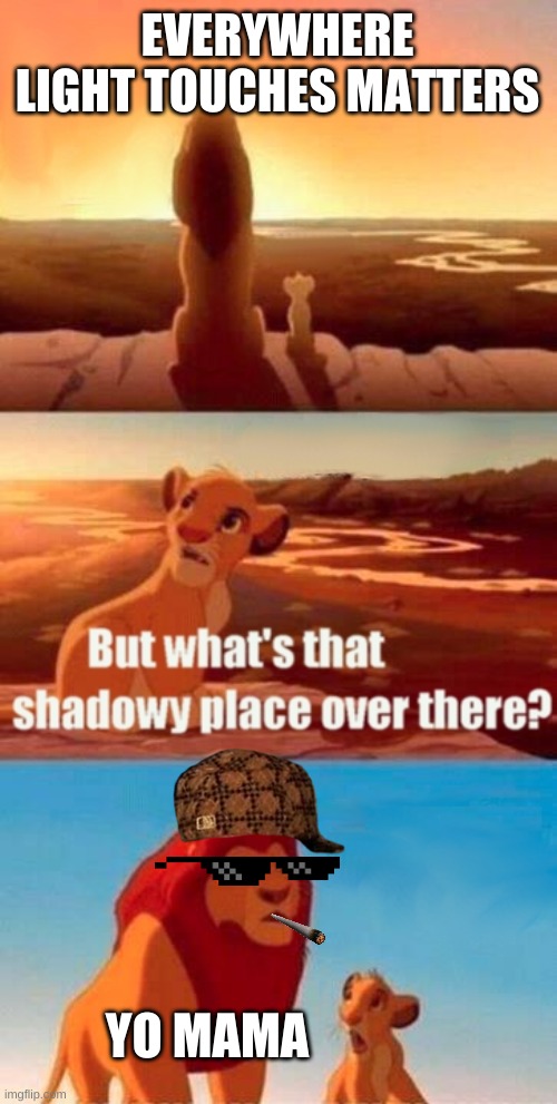 yo mama | EVERYWHERE LIGHT TOUCHES MATTERS; YO MAMA | image tagged in memes,simba shadowy place | made w/ Imgflip meme maker