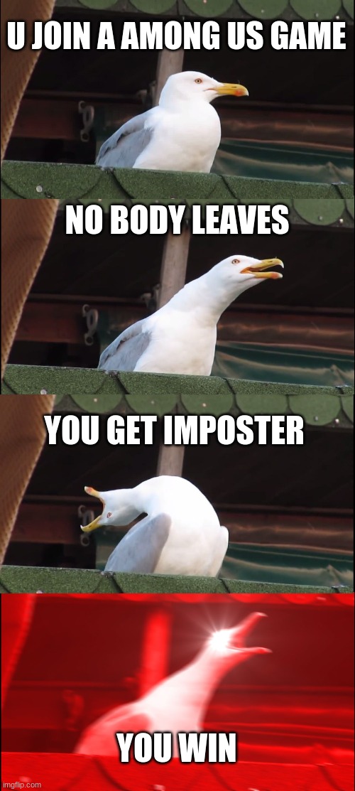 Image Title | U JOIN A AMONG US GAME; NO BODY LEAVES; YOU GET IMPOSTER; YOU WIN | image tagged in memes,inhaling seagull | made w/ Imgflip meme maker