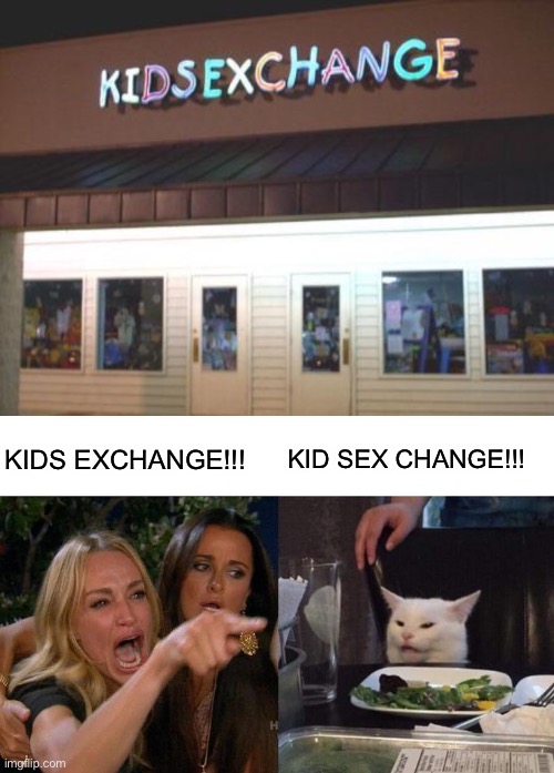 HOLD THE FRICK UP... | KIDS EXCHANGE!!! KID SEX CHANGE!!! | image tagged in memes,woman yelling at cat,wtf,stupid,stupid signs,bruh moment | made w/ Imgflip meme maker