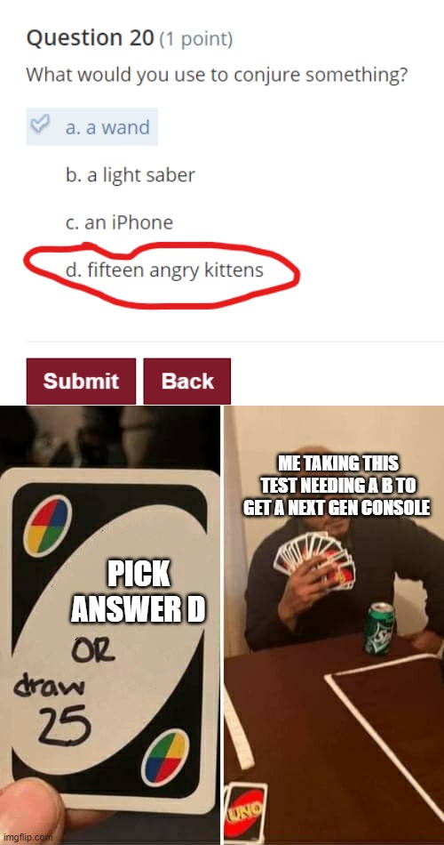 ME TAKING THIS TEST NEEDING A B TO GET A NEXT GEN CONSOLE; PICK ANSWER D | image tagged in memes,uno draw 25 cards,cats | made w/ Imgflip meme maker