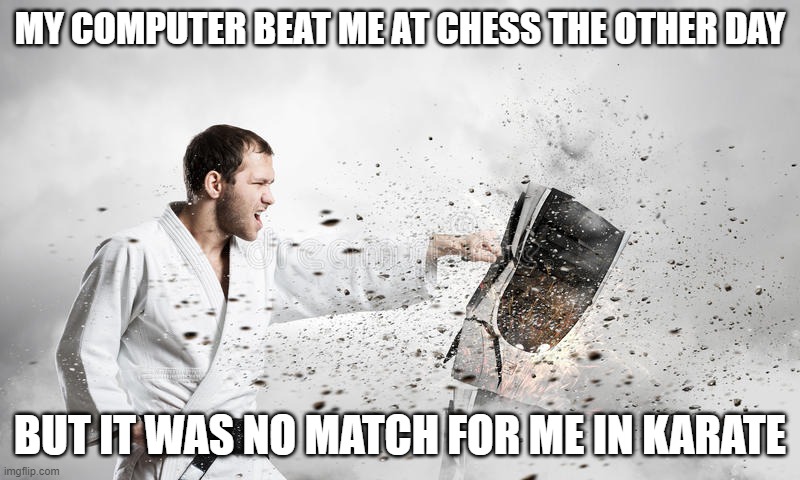 No Match! | MY COMPUTER BEAT ME AT CHESS THE OTHER DAY; BUT IT WAS NO MATCH FOR ME IN KARATE | image tagged in karate,computer | made w/ Imgflip meme maker