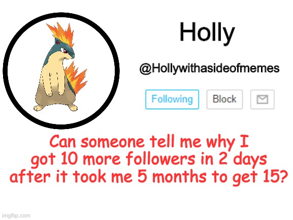 Holly announcement template | Can someone tell me why I got 10 more followers in 2 days after it took me 5 months to get 15? | image tagged in holly announcement template | made w/ Imgflip meme maker