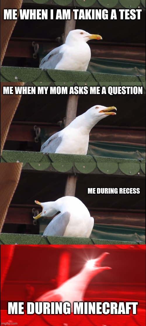 f | ME WHEN I AM TAKING A TEST; ME WHEN MY MOM ASKS ME A QUESTION; ME DURING RECESS; ME DURING MINECRAFT | image tagged in memes,inhaling seagull,press f to pay respects | made w/ Imgflip meme maker