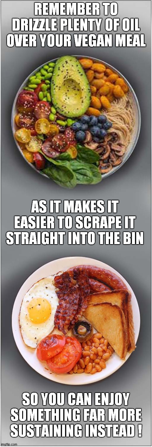 Vegan Meal Tip | REMEMBER TO DRIZZLE PLENTY OF OIL OVER YOUR VEGAN MEAL; AS IT MAKES IT EASIER TO SCRAPE IT STRAIGHT INTO THE BIN; SO YOU CAN ENJOY SOMETHING FAR MORE SUSTAINING INSTEAD ! | image tagged in vegan,tip | made w/ Imgflip meme maker