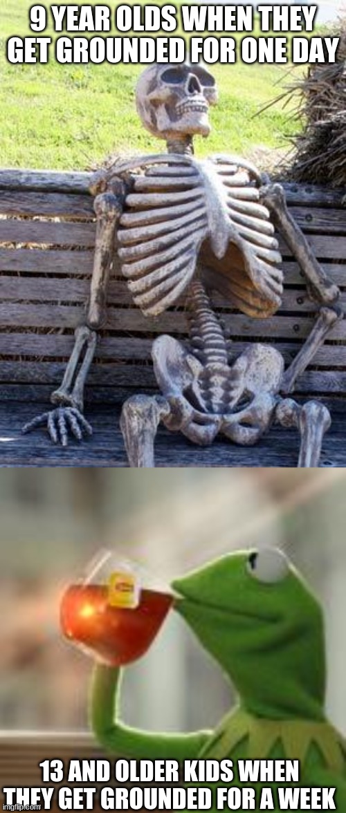 just another meme | 9 YEAR OLDS WHEN THEY GET GROUNDED FOR ONE DAY; 13 AND OLDER KIDS WHEN THEY GET GROUNDED FOR A WEEK | image tagged in memes,waiting skeleton | made w/ Imgflip meme maker