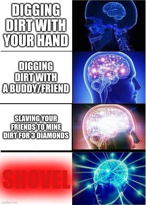 Minecraft players be like: | DIGGING DIRT WITH YOUR HAND; DIGGING DIRT WITH A BUDDY/FRIEND; SLAVING YOUR FRIENDS TO MINE DIRT FOR 3 DIAMONDS; SHOVEL | image tagged in memes,expanding brain,minecraft | made w/ Imgflip meme maker