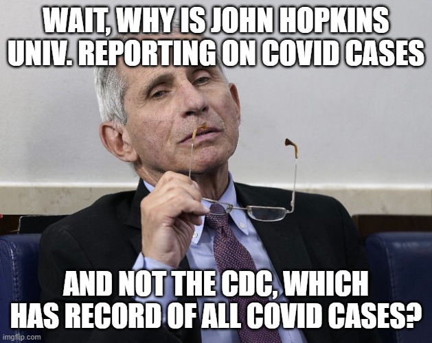 Dr. Fauci | WAIT, WHY IS JOHN HOPKINS UNIV. REPORTING ON COVID CASES; AND NOT THE CDC, WHICH HAS RECORD OF ALL COVID CASES? | image tagged in dr fauci | made w/ Imgflip meme maker