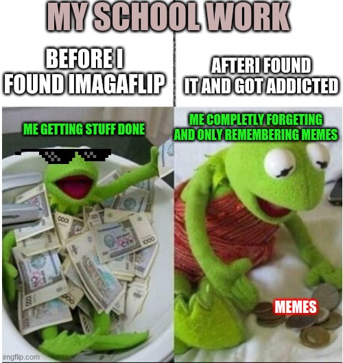 My School Work Origin Story | MY SCHOOL WORK; BEFORE I FOUND IMAGAFLIP; AFTERI FOUND IT AND GOT ADDICTED; ME COMPLETLY FORGETING AND ONLY REMEMBERING MEMES; ME GETTING STUFF DONE; MEMES | image tagged in funny memes,school meme | made w/ Imgflip meme maker