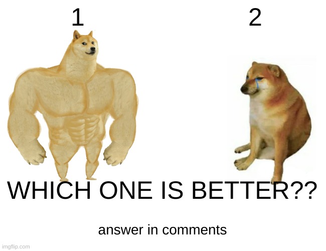 Buff Doge vs. Cheems | 1; 2; WHICH ONE IS BETTER?? answer in comments | image tagged in memes,buff doge vs cheems | made w/ Imgflip meme maker