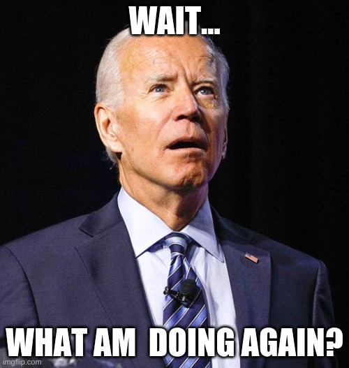 Joe Biden forgot again. Hey him some dementia pills | WAIT... WHAT AM  DOING AGAIN? | image tagged in joe biden,politics | made w/ Imgflip meme maker