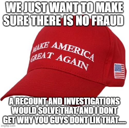 MAGA HAT | WE JUST WANT TO MAKE SURE THERE IS NO FRAUD A RECOUNT AND INVESTIGATIONS WOULD SOLVE THAT, AND I DONT GET WHY YOU GUYS DONT LIK THAT..... | image tagged in maga hat | made w/ Imgflip meme maker