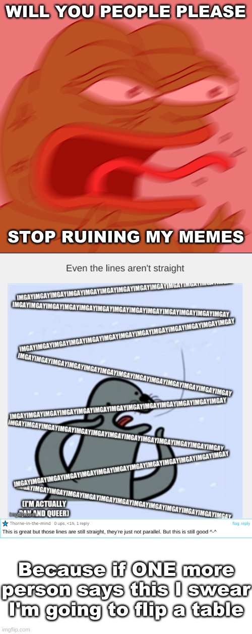 WILL YOU PEOPLE PLEASE; STOP RUINING MY MEMES; Because if ONE more person says this I swear I'm going to flip a table | image tagged in rage pepe,blank white template | made w/ Imgflip meme maker