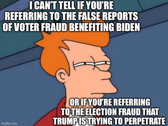 Futurama Fry Meme | I CAN’T TELL IF YOU’RE REFERRING TO THE FALSE REPORTS OF VOTER FRAUD BENEFITING BIDEN OR IF YOU’RE REFERRING TO THE ELECTION FRAUD THAT TRUM | image tagged in memes,futurama fry | made w/ Imgflip meme maker
