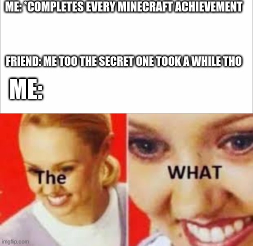 the hell you just say john? | ME: *COMPLETES EVERY MINECRAFT ACHIEVEMENT; FRIEND: ME TOO THE SECRET ONE TOOK A WHILE THO; ME: | image tagged in the what | made w/ Imgflip meme maker