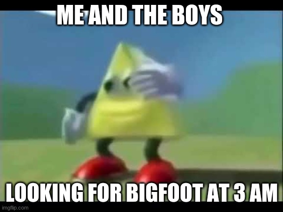 me and the boys | ME AND THE BOYS; LOOKING FOR BIGFOOT AT 3 AM | image tagged in dancing triangle | made w/ Imgflip meme maker
