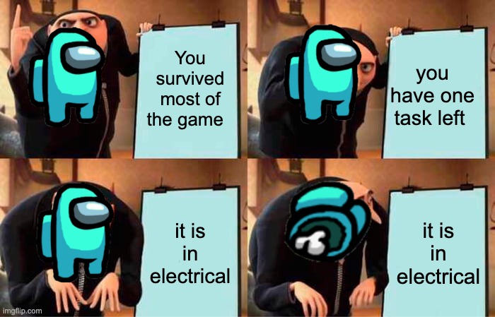 Gru's Plan | You survived most of the game; you have one task left; it is in electrical; it is in electrical | image tagged in memes,gru's plan | made w/ Imgflip meme maker