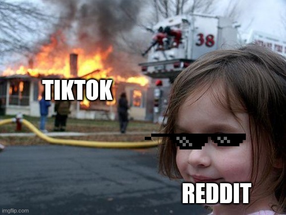 so sorry if this offends u in anyway but i just dont like tiktok! my opinion | TIKTOK; REDDIT | image tagged in memes,disaster girl | made w/ Imgflip meme maker