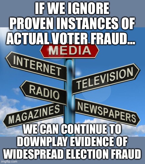 Media Narrative on Voter Fraud | IF WE IGNORE PROVEN INSTANCES OF ACTUAL VOTER FRAUD... WE CAN CONTINUE TO DOWNPLAY EVIDENCE OF WIDESPREAD ELECTION FRAUD | image tagged in election 2020,voter fraud,trump is your president | made w/ Imgflip meme maker