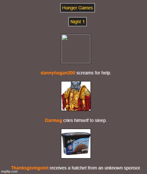 Night 1 (1) | image tagged in hunger games | made w/ Imgflip meme maker