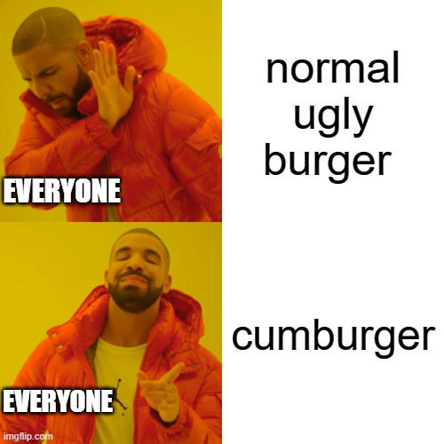 burgers | normal ugly burger; EVERYONE; cumburger; EVERYONE | image tagged in memes,drake hotline bling,burger king | made w/ Imgflip meme maker