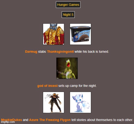 Night 5 Part 1 (and talk about backstabbing XD) | image tagged in hunger games | made w/ Imgflip meme maker