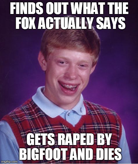 Bad Luck Brian Meme | FINDS OUT WHAT THE FOX ACTUALLY SAYS GETS RAPED BY BIGFOOT AND DIES | image tagged in memes,bad luck brian | made w/ Imgflip meme maker