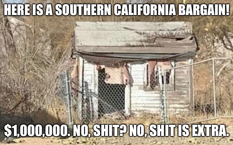 Cali bargain | HERE IS A SOUTHERN CALIFORNIA BARGAIN! $1,000,000. NO, SHIT? NO, SHIT IS EXTRA. | image tagged in funny memes | made w/ Imgflip meme maker