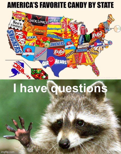 Is The Granite State’s favorite candy granite? How can not 1 but 2 states like candy corn? Wings? Farts? | I have questions | image tagged in america's favorite candy by state,i have questions raccoon,candy,questions,repost,candy corn | made w/ Imgflip meme maker