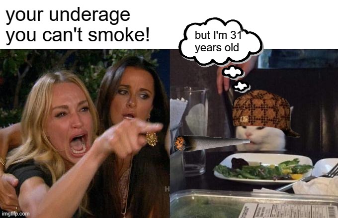 Woman Yelling At Cat Meme | your underage you can't smoke! but I'm 31 years old | image tagged in memes,woman yelling at cat | made w/ Imgflip meme maker