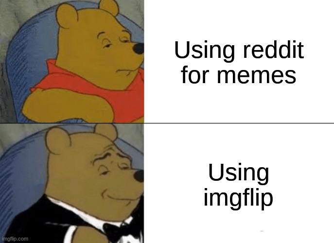 Reddit and imgflip | Using reddit for memes; Using imgflip | image tagged in memes,tuxedo winnie the pooh,reddit,imgflip,meanwhile on imgflip | made w/ Imgflip meme maker