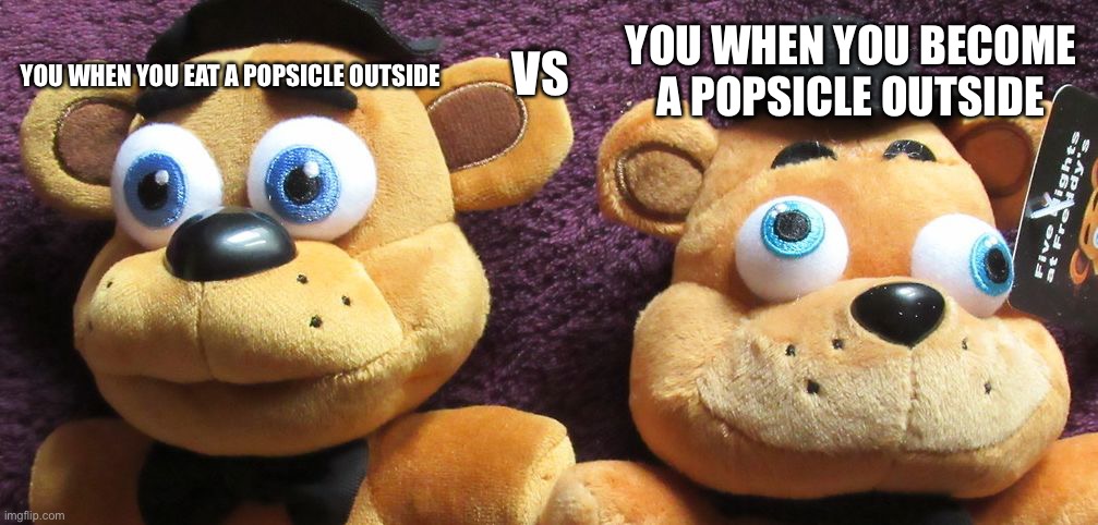 Popsicle vs yourself | YOU WHEN YOU BECOME A POPSICLE OUTSIDE; VS; YOU WHEN YOU EAT A POPSICLE OUTSIDE | image tagged in me x vs me x fnaf plushies,idiots,repost week | made w/ Imgflip meme maker