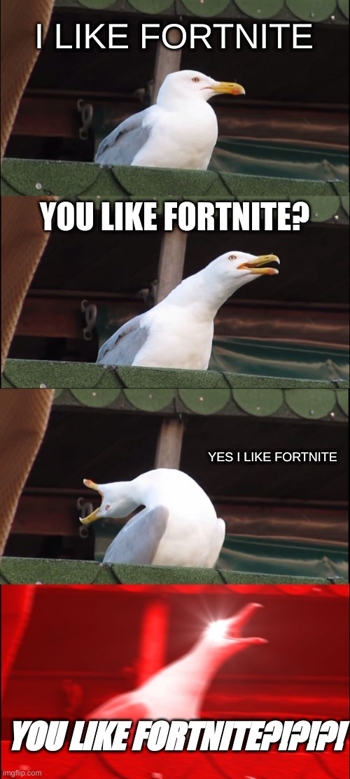 YOU LIKE FORTNITE?!?!?!? | I LIKE FORTNITE; YOU LIKE FORTNITE? YES I LIKE FORTNITE; YOU LIKE FORTNITE?!?!?! | image tagged in memes,inhaling seagull | made w/ Imgflip meme maker