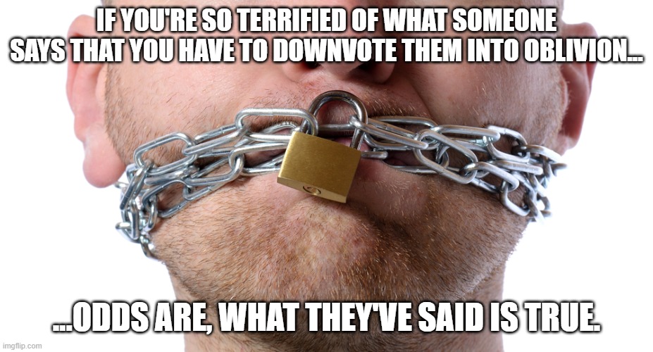 Cuz Silencing Opposition Is How You Persuade People...Right...? | IF YOU'RE SO TERRIFIED OF WHAT SOMEONE SAYS THAT YOU HAVE TO DOWNVOTE THEM INTO OBLIVION... ...ODDS ARE, WHAT THEY'VE SAID IS TRUE. | image tagged in censorship | made w/ Imgflip meme maker