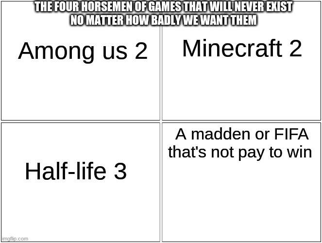 Blank Comic Panel 2x2 Meme | THE FOUR HORSEMEN OF GAMES THAT WILL NEVER EXIST 
NO MATTER HOW BADLY WE WANT THEM; Minecraft 2; Among us 2; A madden or FIFA that's not pay to win; Half-life 3 | image tagged in memes,blank comic panel 2x2 | made w/ Imgflip meme maker