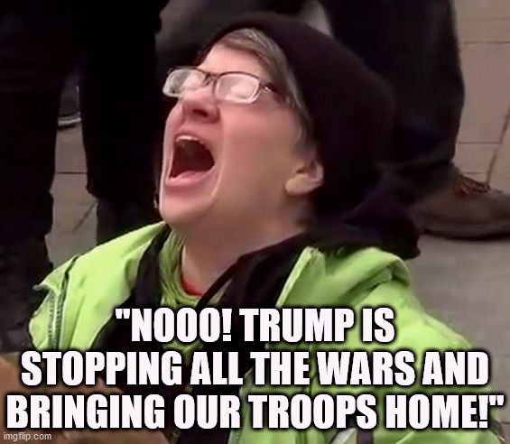 Literally there is no limit to liberal stupidity | "NOOO! TRUMP IS STOPPING ALL THE WARS AND BRINGING OUR TROOPS HOME!" | image tagged in crying liberal,trump,biden | made w/ Imgflip meme maker