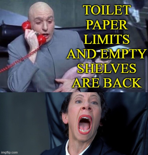 Toilet Paper Limits, Empty Shelves Are Back..... as Virus Surges. | TOILET PAPER LIMITS
AND EMPTY SHELVES
ARE BACK | image tagged in dr evil and frau | made w/ Imgflip meme maker