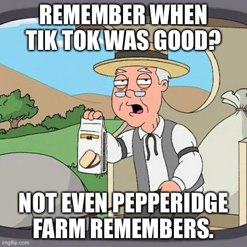 Pepperidge Farm Remembers | REMEMBER WHEN TIK TOK WAS GOOD? NOT EVEN PEPPERIDGE FARM REMEMBERS. | image tagged in memes,pepperidge farm remembers | made w/ Imgflip meme maker
