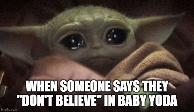 Baby Yoda meme | WHEN SOMEONE SAYS THEY "DON'T BELIEVE" IN BABY YODA | image tagged in crying baby yoda | made w/ Imgflip meme maker