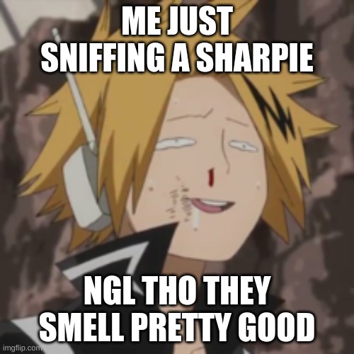 Denki dumb | ME JUST SNIFFING A SHARPIE; NGL THO THEY SMELL PRETTY GOOD | image tagged in denki dumb | made w/ Imgflip meme maker