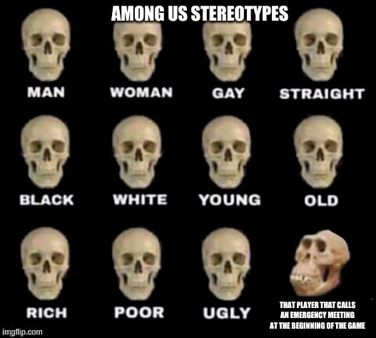 idiot skull | AMONG US STEREOTYPES; THAT PLAYER THAT CALLS AN EMERGENCY MEETING AT THE BEGINNING OF THE GAME | image tagged in idiot skull | made w/ Imgflip meme maker