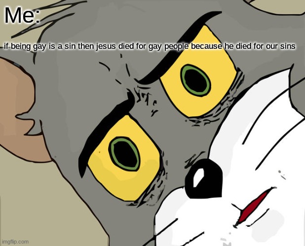 Tom cat meme | Me:; if being gay is a sin then jesus died for gay people because he died for our sins | image tagged in memes,unsettled tom | made w/ Imgflip meme maker