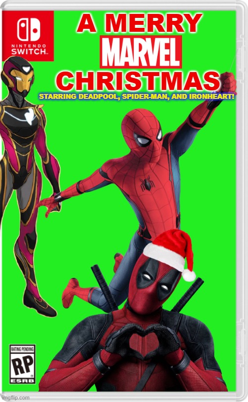 An all new Christmas story! | CHRISTMAS; A MERRY; STARRING DEADPOOL, SPIDER-MAN, AND IRONHEART! | image tagged in nintendo switch cartridge case,marvel,christmas,marvel comics,spider-man,deadpool | made w/ Imgflip meme maker