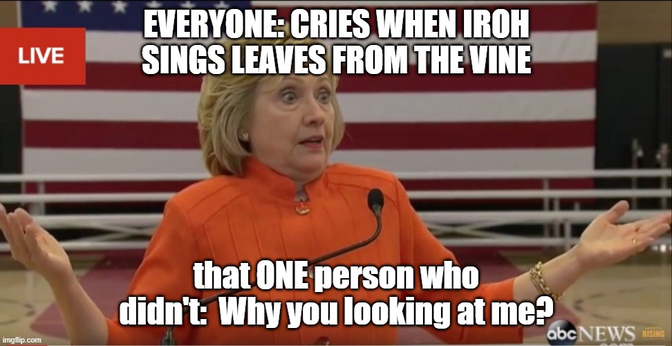 Hilary Clinton IDK | EVERYONE: CRIES WHEN IROH SINGS LEAVES FROM THE VINE; that ONE person who didn't:  Why you looking at me? | image tagged in hilary clinton idk | made w/ Imgflip meme maker